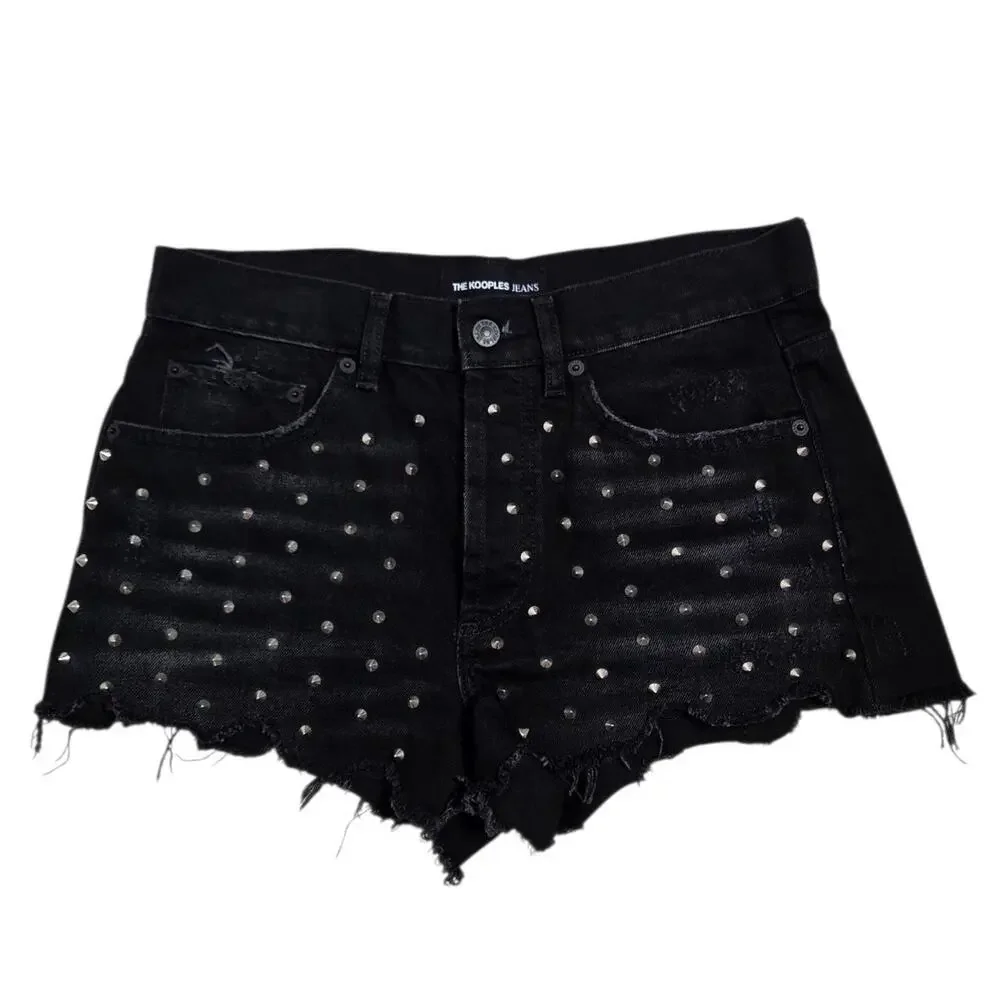 The Kooples Black Studded Fray Hem Button Fly Denim Shorts Women's 2 - Picture 3 of 10